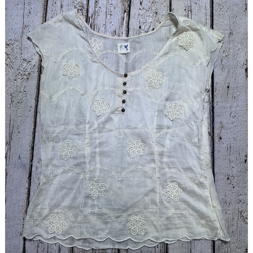 Edme & Esyllte Anthropologie Ivory Floral Embroidery Boho Sheer Silk Blend Top 4